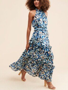 Revolve Elliatt Iridescence Maxi Dress Georgette Crepe Blue Watercolor Size XS